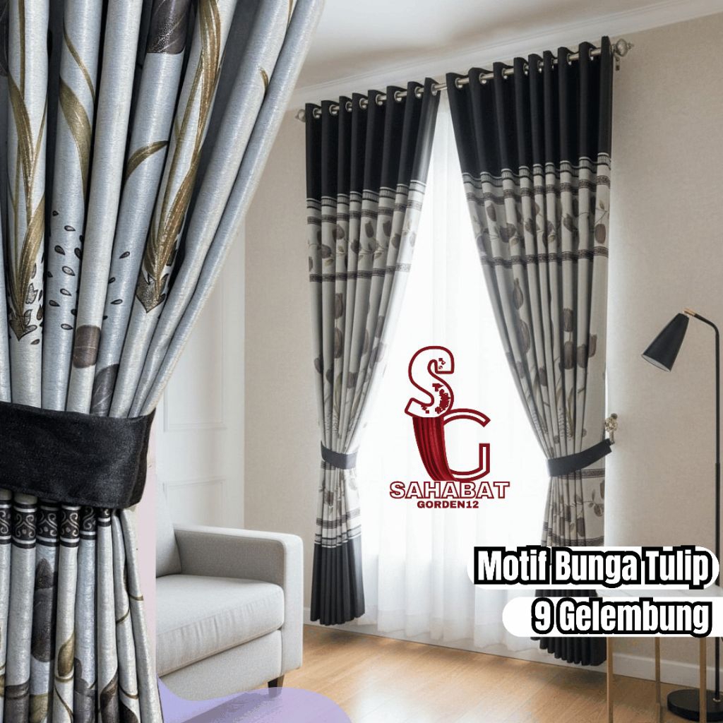 Gorden Jendela Motif Bunga Tulip 9 Gelombang Gorden Blackout Premium Napoleon Tebal Tidak Nerawang