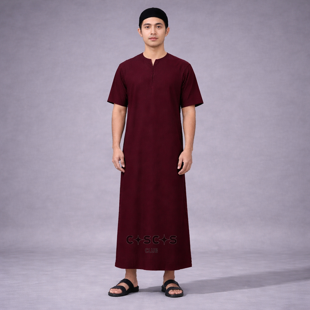 CASCAS V-Neck Gamis Taib Thobe Jubah Slim Fit - Maroon