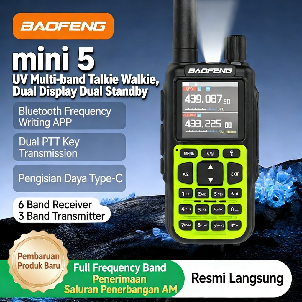 BAOFENG Mini-5i Walkie Talkie Kecil Portable Bluetooth Program 999 Channel VOX SOS AM Airband Radio 