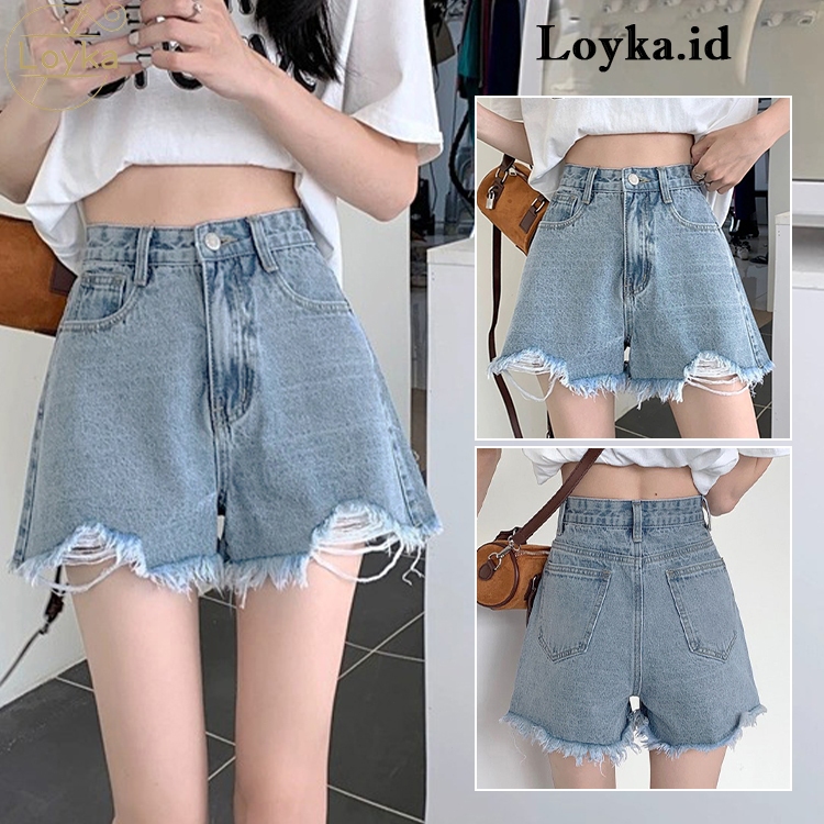 Loyka Celana Jesns Wanita Pendek A-line Korean Style Baggy Straight Cut Short Jens Biru Denim Dewasa