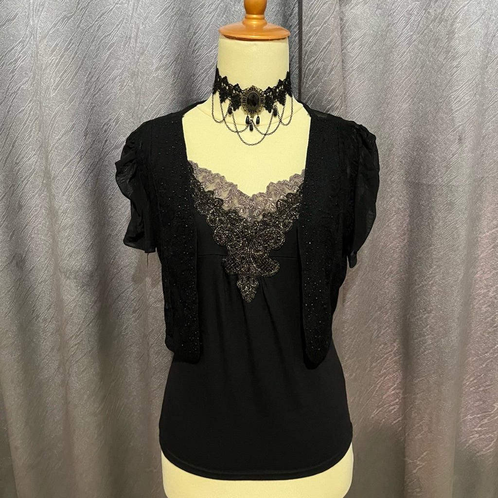 Black lace camisol set| bolero 2000s y2k grunge shoujo gothic fairycore whimsical vintage gyaru tank