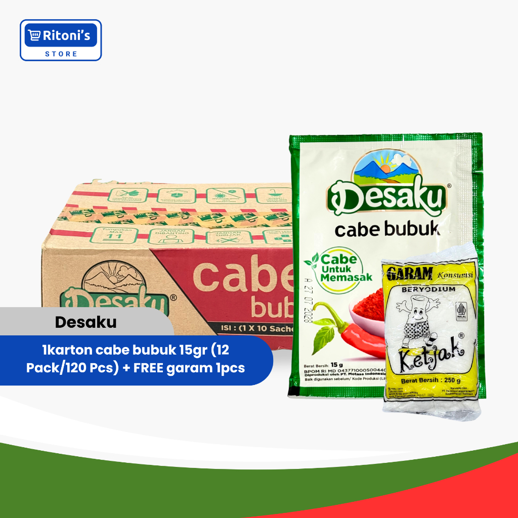 Desaku Bumbu Cabe Bubuk 15gr (1 Karton) + FREE Garam 1 Pcs