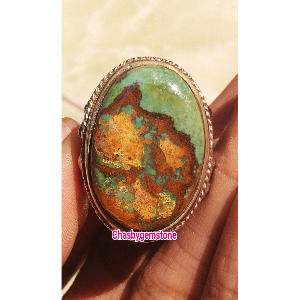 Natural Batu pirus Persia serat emas-Cincin Pirus Persia motif gambar