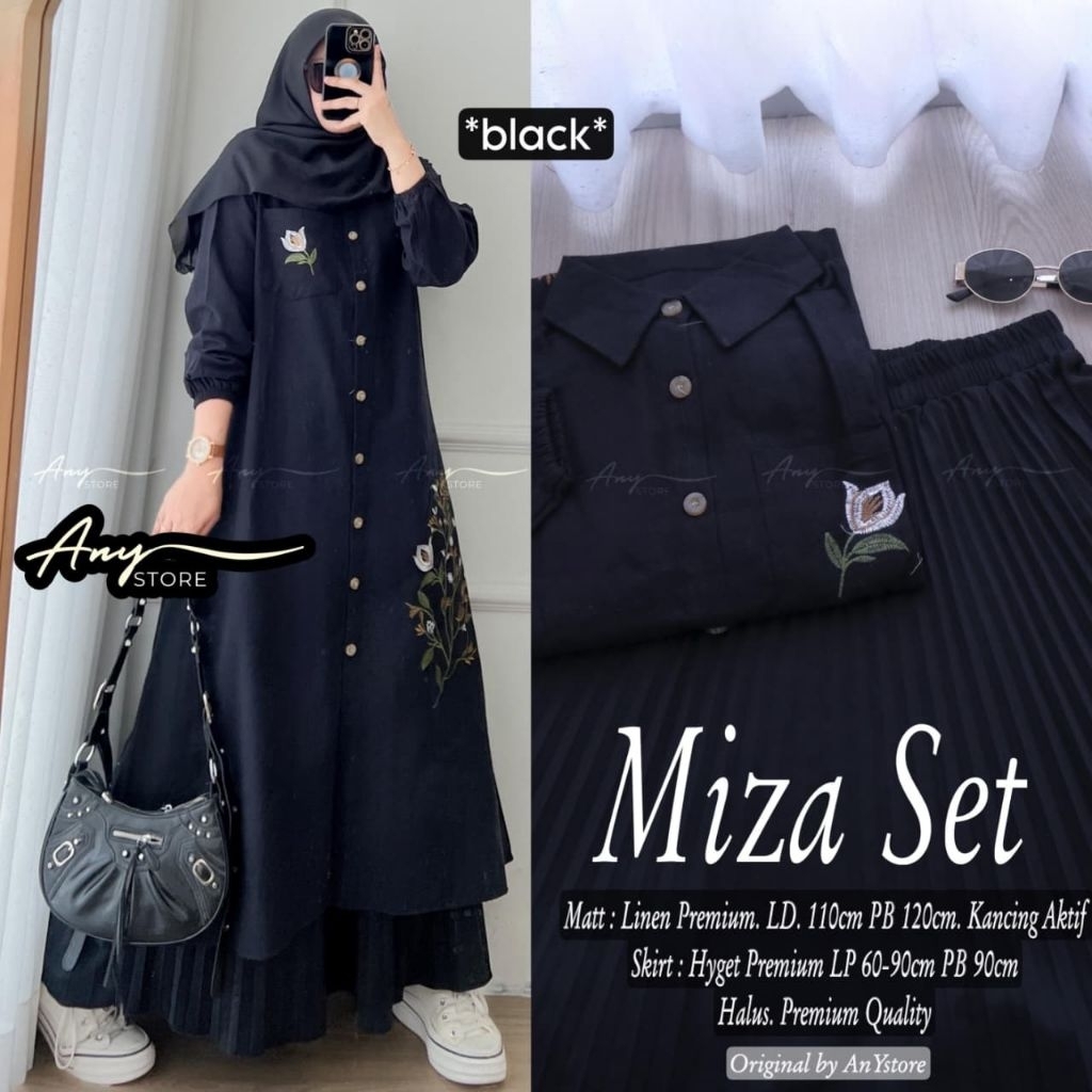 Miza Set | Setelan Tunik Polos Bordir | Tunik Jumbo Putih | Rok Plisket | One Set Malay | ANY