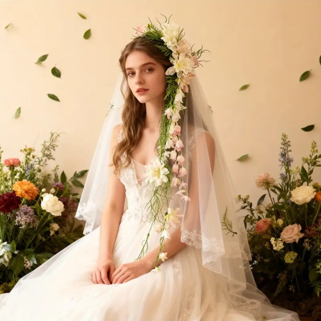 a handmade pink and white artificial lily of the valley flower with extra long leaves