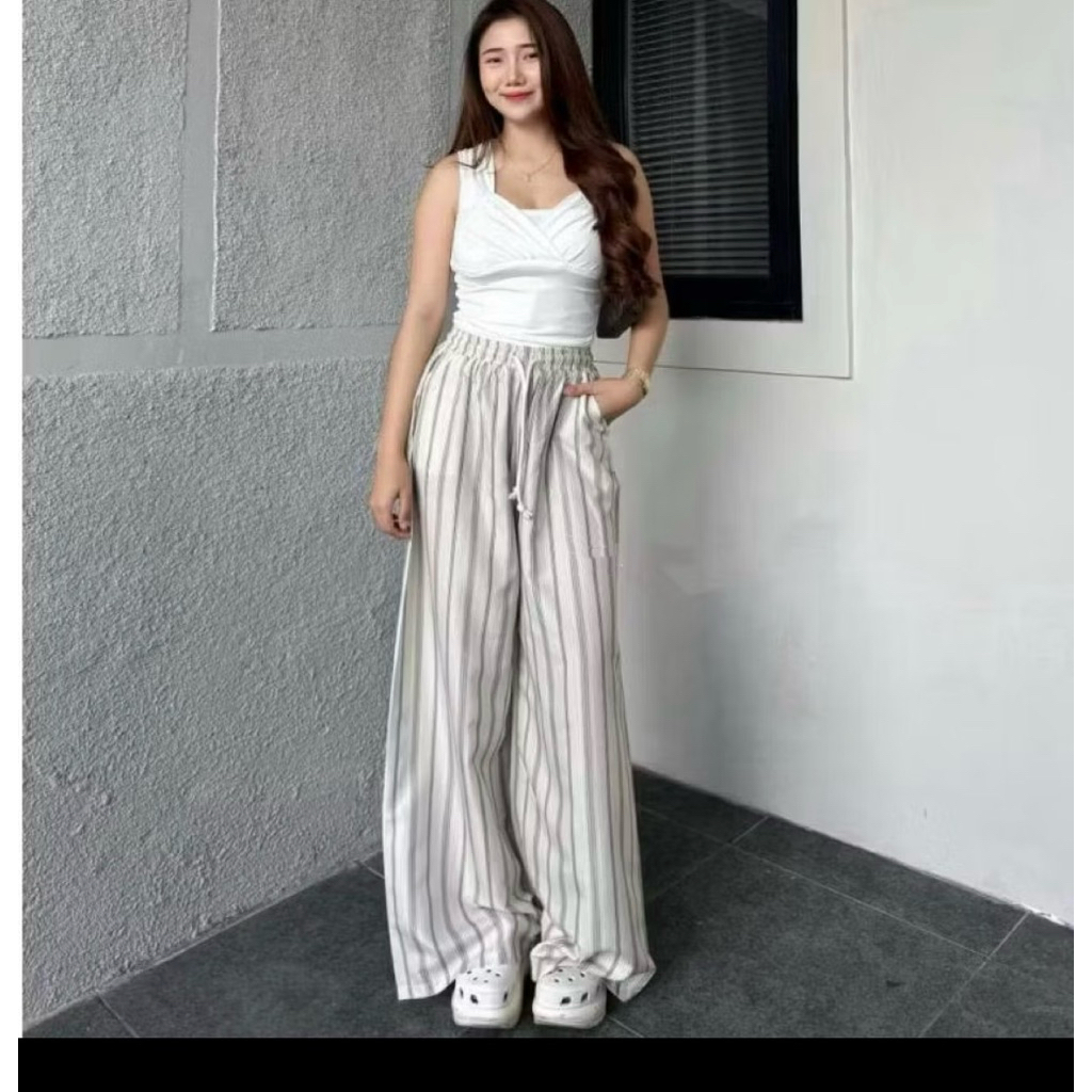 Celana Panjang Wanita Katun Baggy Model Kulot Pinstripe Hitam