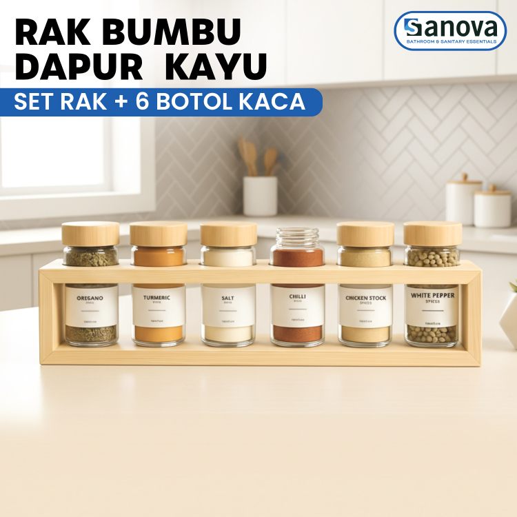Rak Bumbu Dapur Estetik 6 Botol Kaca Spice Jar Rak Bumbu Kayu Storage Tempat Bumbu Dapur