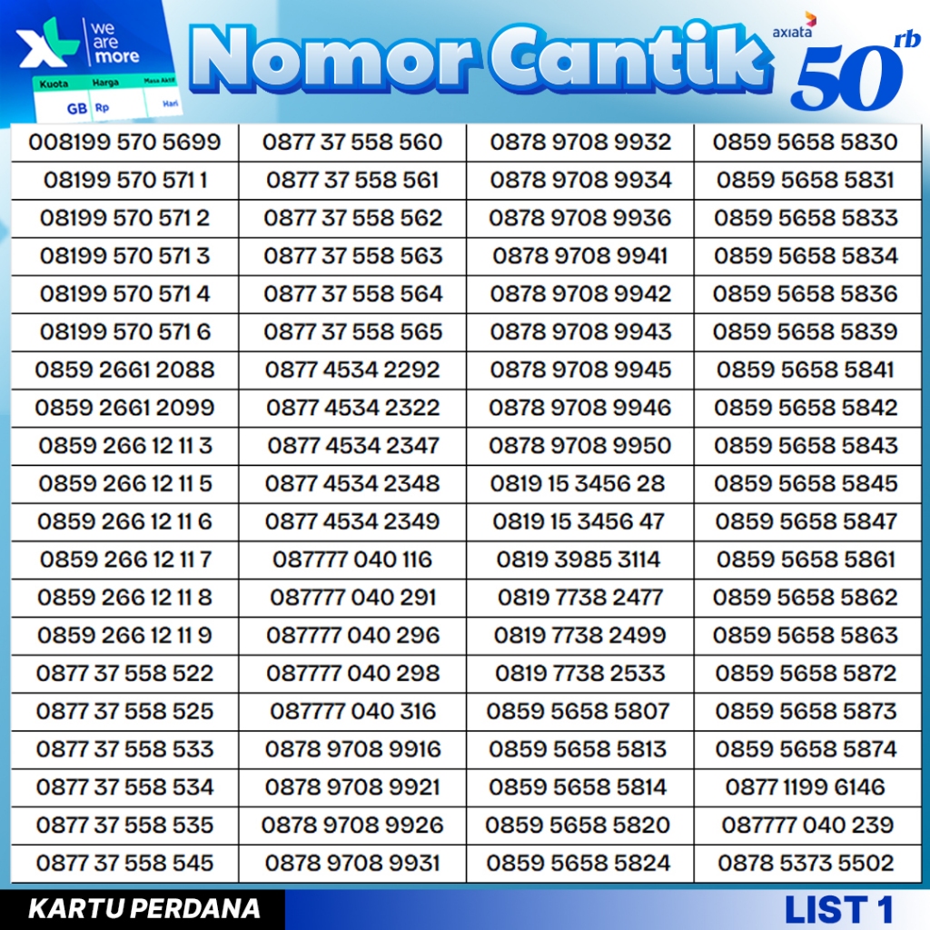 Nomor Cantik Perdana XL Murah 50.000rb