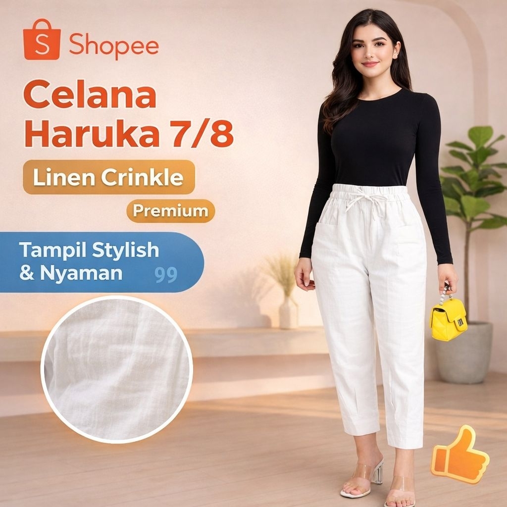 Celana 7/8 Wanita Haruka Linen Crinkle Premium Standar & Jumbo Ankle Pants Highwaist Loose Kulot Iro
