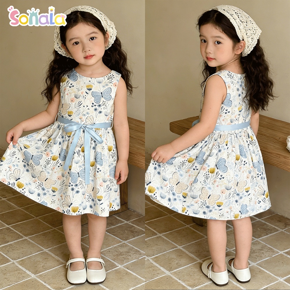 Dress Katun Anak Perempuan Dress Liburan Ulang Tahun Usia 1-6 Tahun Dress Panas Motif Kupu-kupu Dres