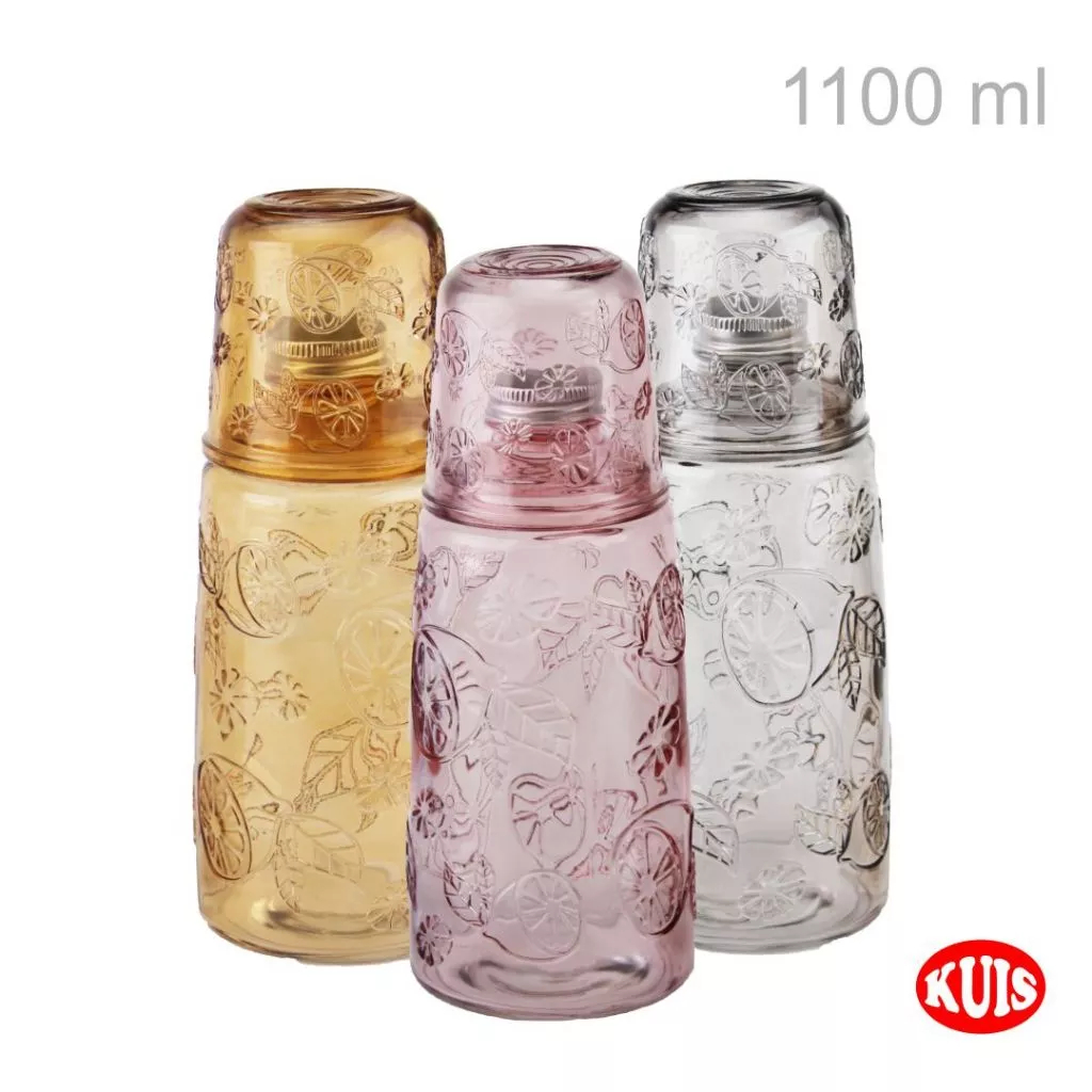 Botol Minum Kaca Klasik 1.100 ml Set Gelas ZD23SP - Botol Air Estetik Motif Emboss