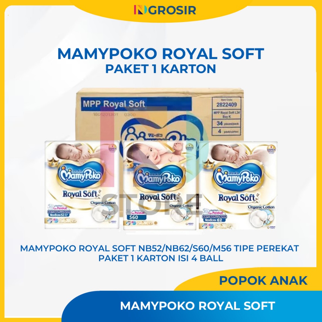 MamyPoko Royal Soft Perekat NB52/NB62/S60/M56 1 Karton isi 4 Ball - New Born/Bayi Baru Lahir
