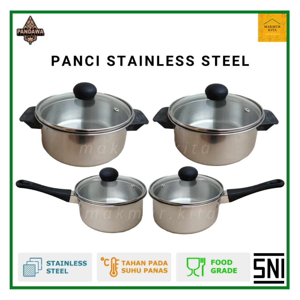 Panci Susu Mie Stainless Steel Tutup Kaca 16 18 20 CM Pandawa / Panci Stenlis MPASI Bayi Masak Air S