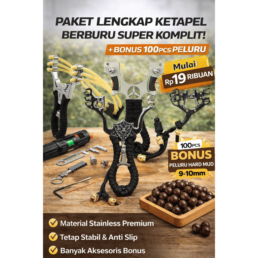 Ketapel Stainless Steel Komplit Siap Pakai + Peluru 100PCS