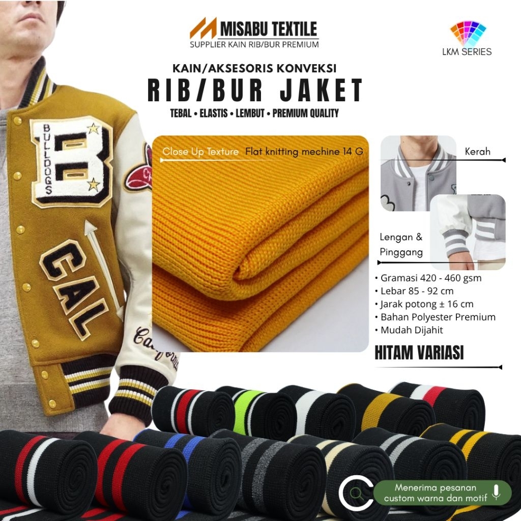 Kain rib jaket hitam polyester rajut premium untuk kerah lengan dan pinggang jaket