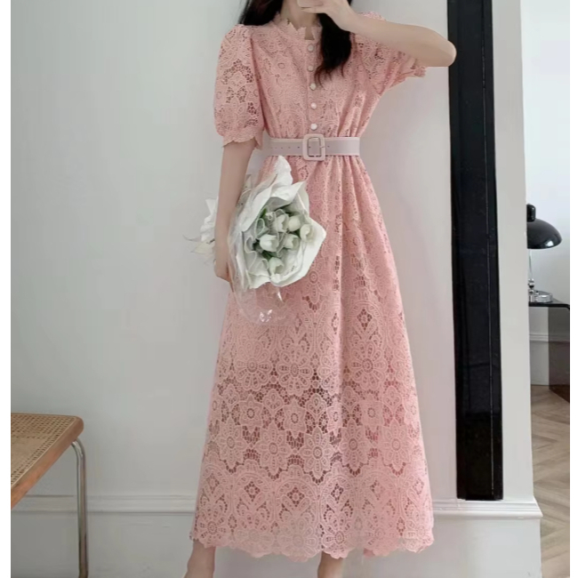 Dress Wanita Brokat Elegant Import  – Midi Dress Lace Lengan Pendek Kancing Depan Sabuk Korean Style