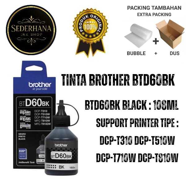 Tinta Brother BTD60BK  Original  For Printer DCP-T300 DCP-T500W DCP-T700W DCP-T800W