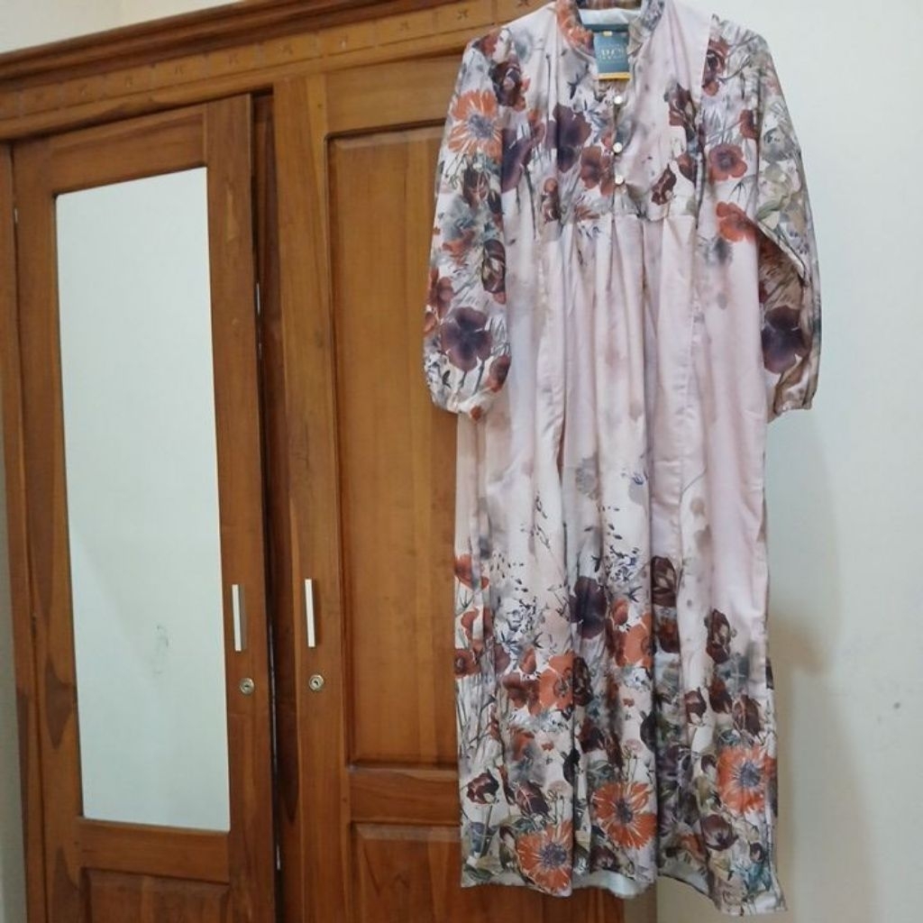 Dikirim dari Bali NEW LD 120,,Gamis Floral Soft Pink Cream Dusty