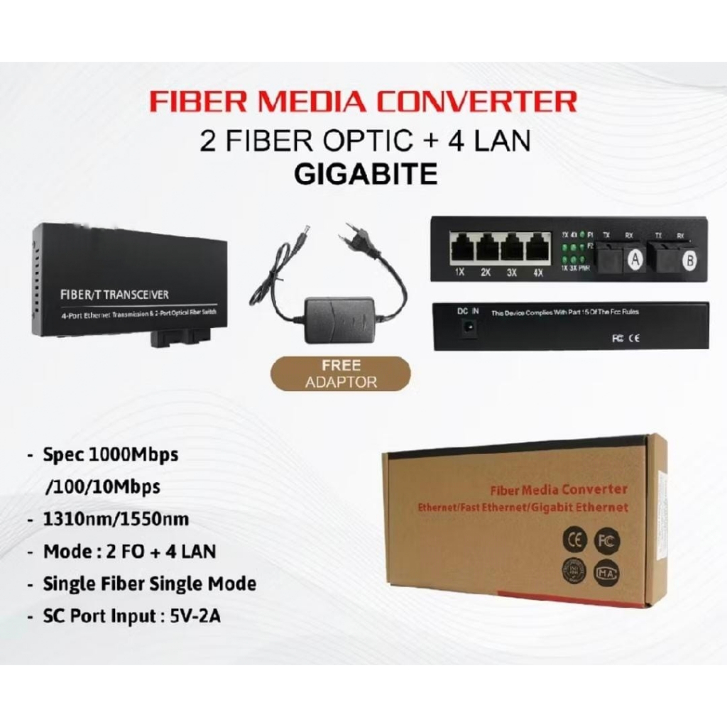 Htb Media Converter 2FO4LAN Converter gigabit 2 Port Fiber Optic 4 Port LAN 2 FO 4 LAN 2FO 4LAN 2G4E