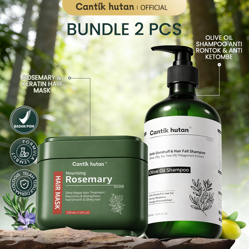 Cantik Hutan Nourishing Rosemary & Keratin Hair Mask 500ML+ Olive Oil Shampoo Anti Rontok 500ML- Pak
