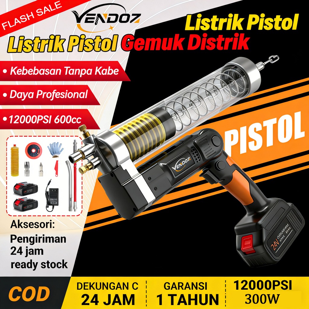 VENDOZ Pompa Gemuk Elektrik Baterai Cordless Grease Gun Kit 12000PSI Portabel 600cc Grease Gun Greas