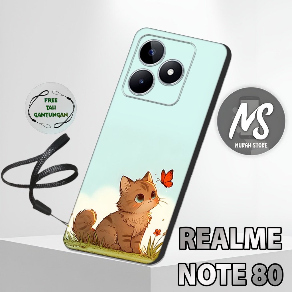 MS29 / Softcase Karet  REALME NOTE 80 + TALI GANTUNGAN HP / Motif Kucing / Case Hp REALME NOTE 80 / 