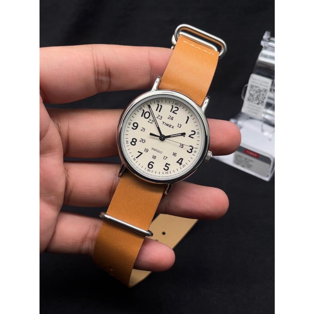 Timex Weekender T2P492 Indiglo White Dial Light Brown Leather Strap