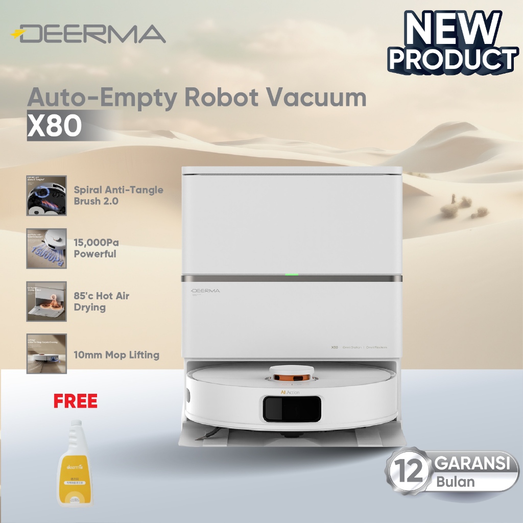 Deerma Robot Vacuum Cleaner X80 | Pengeringan dengan Udara  |Panas 85°C | Sapu Vacum Pel Vakum Mop |