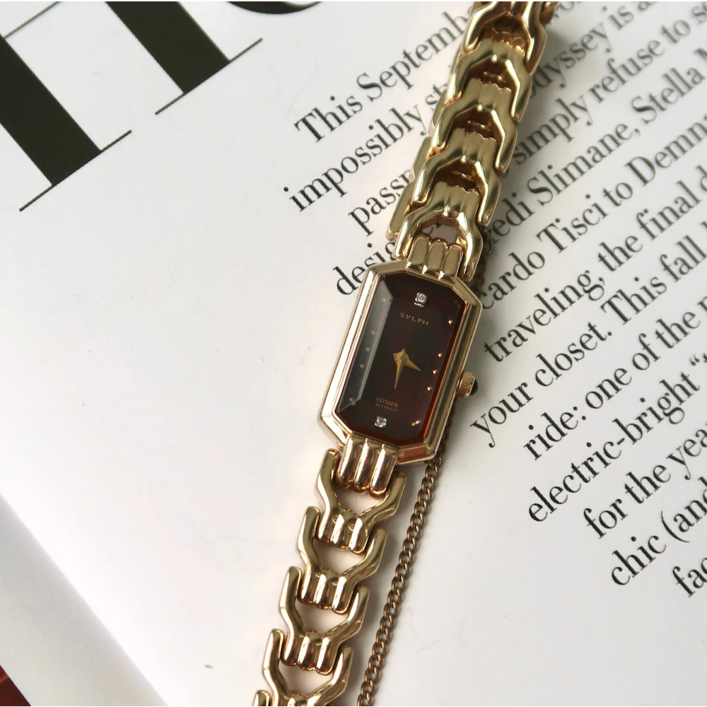 Jam Tangan Wanita Vintage Watch Citizen Sylph Brown Diamond Dial Gold Chain Original Autentik Prelov