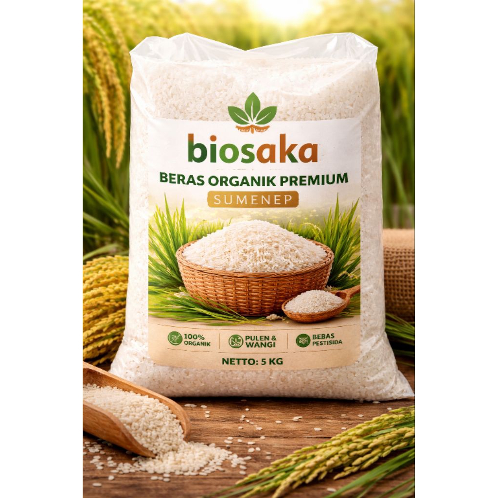 BERAS ORGANIK "BIOSAKA" 5KG- BERAS PUTIH ORGANIK - BERAS ORGANIK SUMENEP - BERAS ORGANIK MPASI- BERA