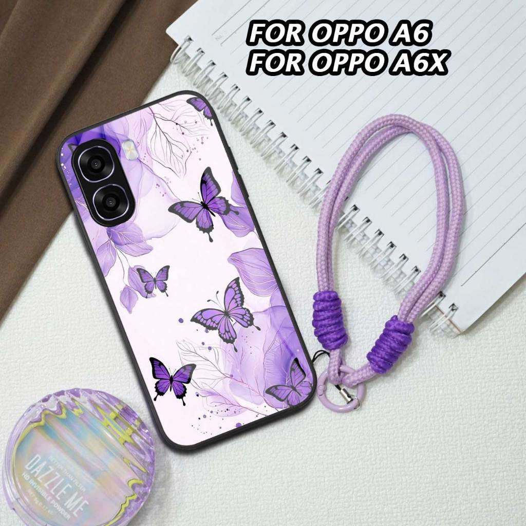 FOR OPPO A6 [M394] SOFTCASE GLASS KACA DENGAN TALI STRAP BONI LILAC FOR OPPO A6X MOTIF LILAC AESTHET