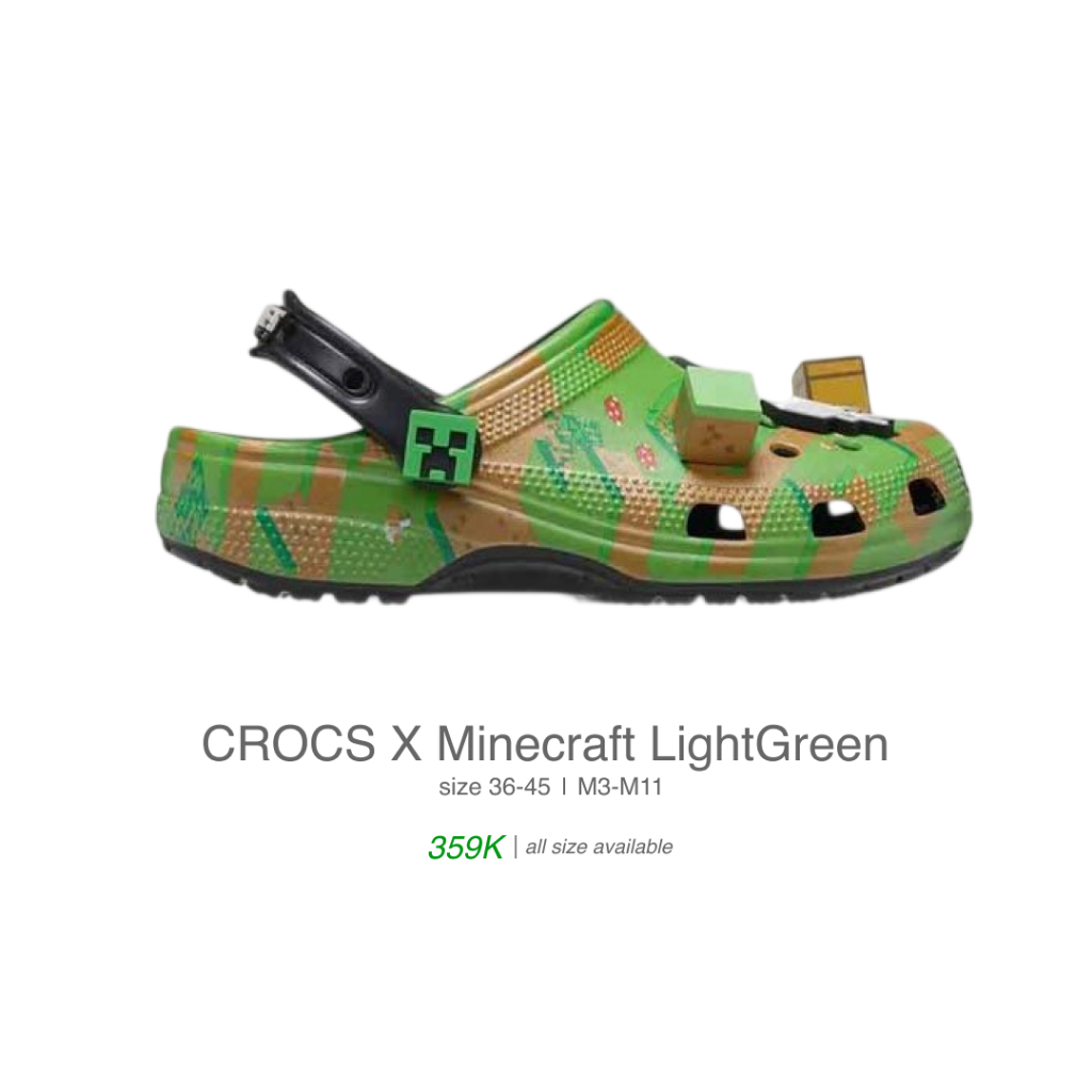 Sendal Crocs X Minecraft Hijau Muda Unisex Bahan Adem Nyaman