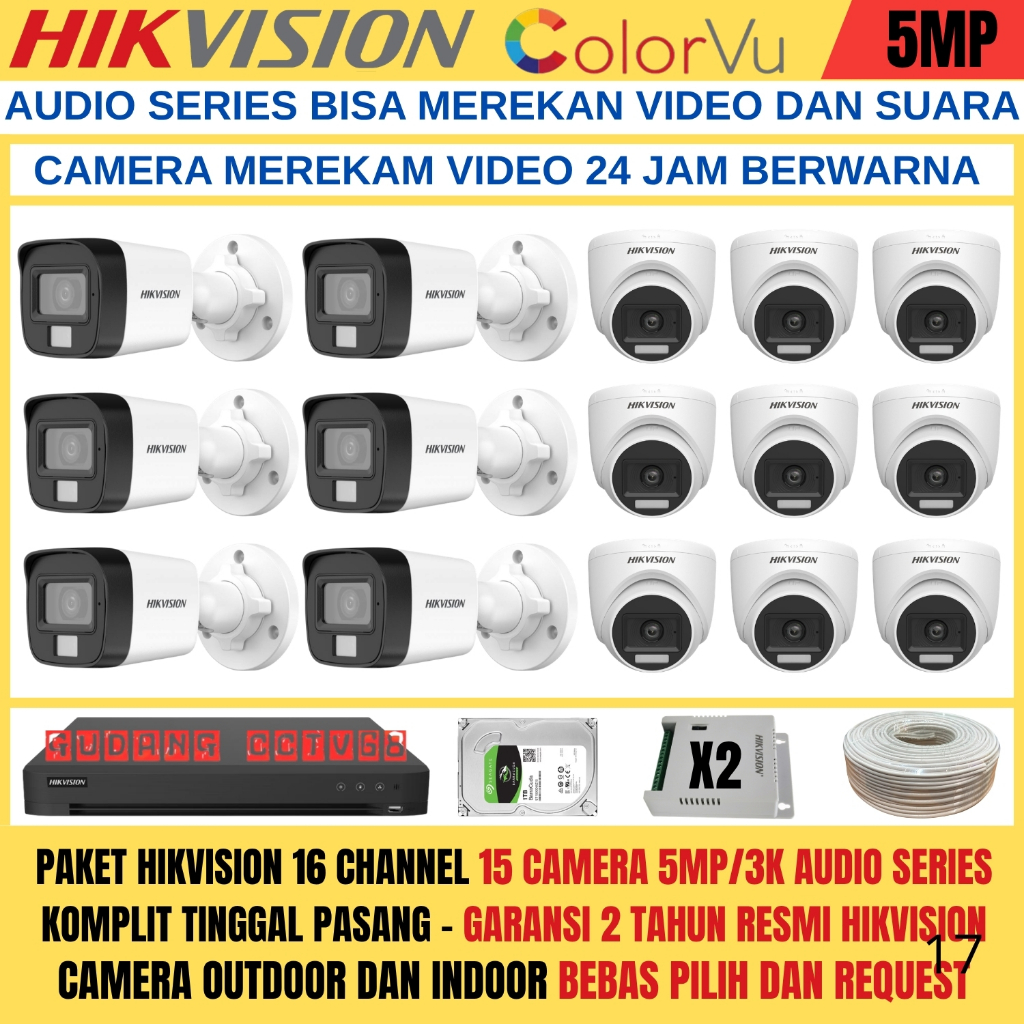 Paket CCTV HIKVISION 16 Channel 15 Camera HIKVISION 5MP Colorvu 3K Full Colour AUDIO SERIES Komplit