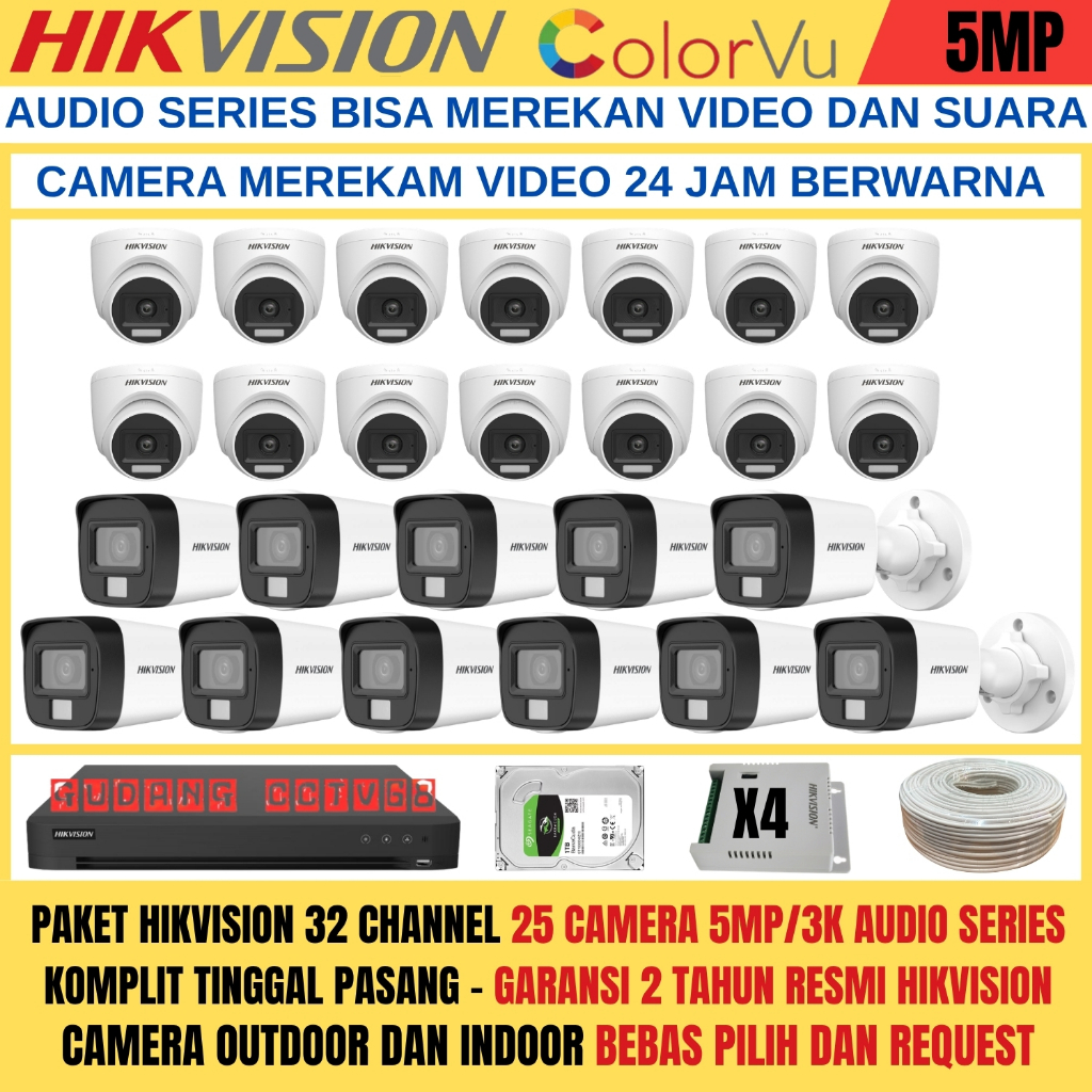PAKET CCTV HIKVISION DVR 32 CHANNEL 25 CAMERA HIKVISION 5MP FULL COLOUR 3K COLORVU AUDIO SERIES