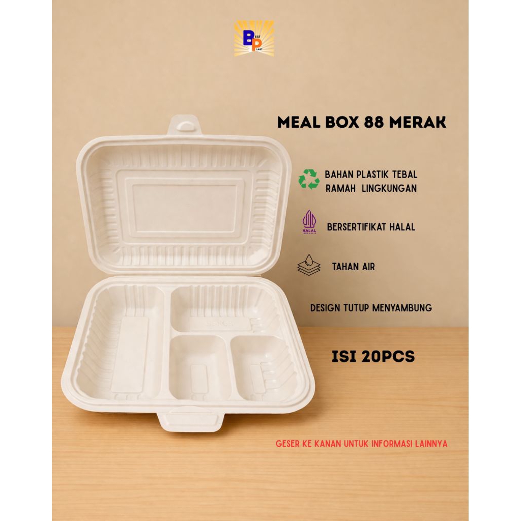 Meal box sekat 4 box88 Merak / mika nasi sekat 4 isi 20pcs warna cream