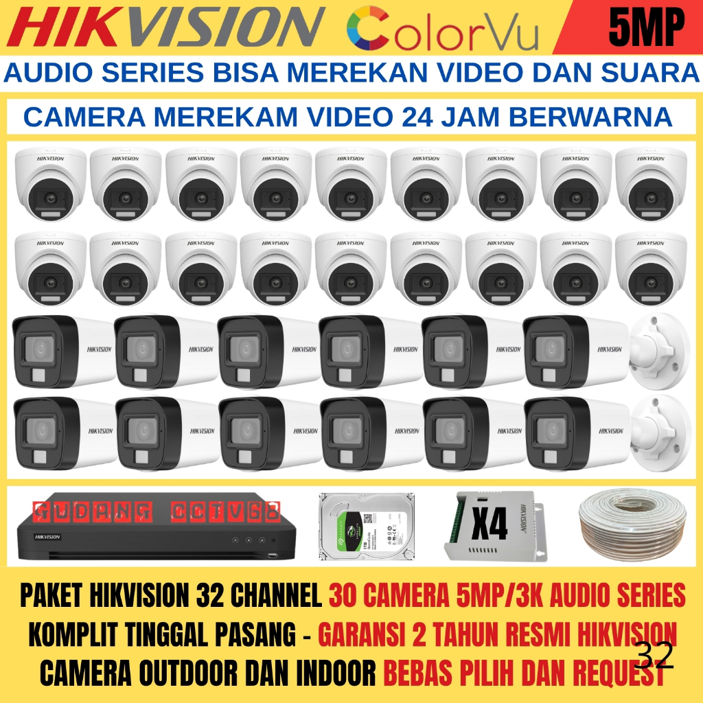 PAKET CCTV HIKVISION DVR 32 CHANNEL 30 CAMERA HIKVISION 5MP FULL COLOUR 3K COLORVU AUDIO SERIES