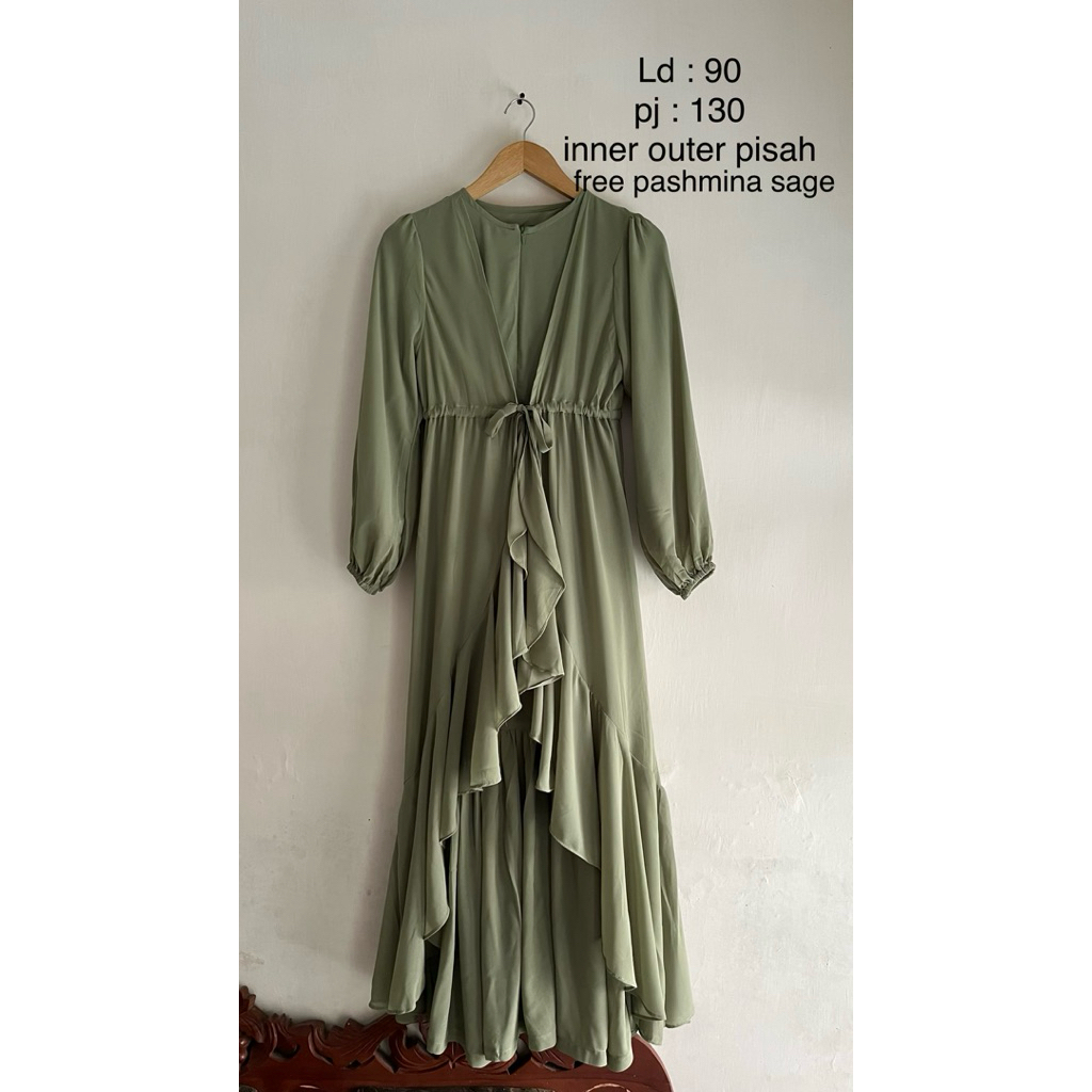 preloved gamis inner outer pisah warna sage