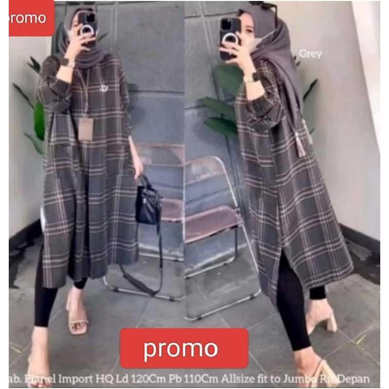 Long tunik Wanita muslim motif kotak-Kotak lembut//TUNIK JUMBO//TUNIK TERBARU