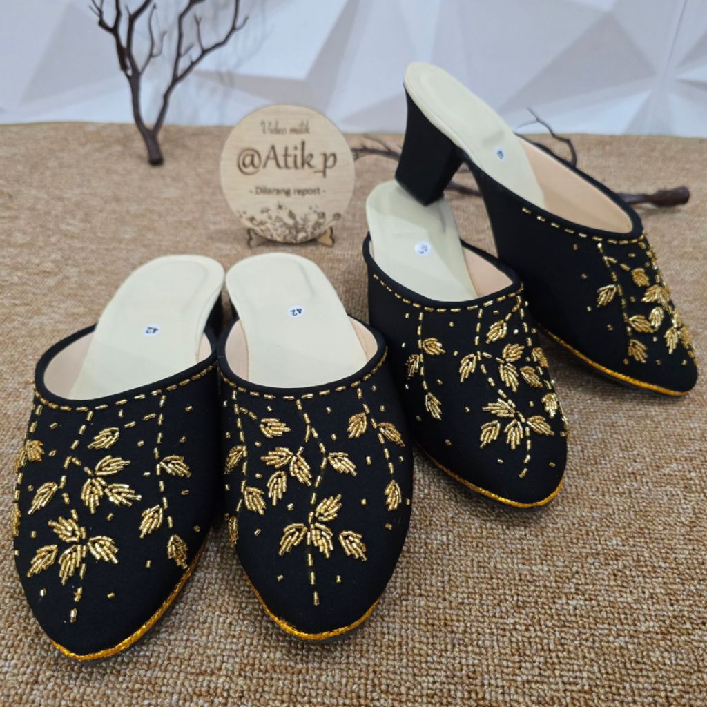 selop pengantin hitam pria wanita heels tahu 7cm