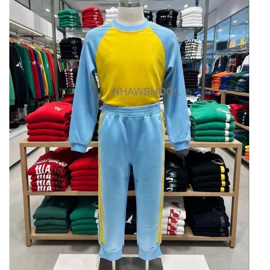 seragam pakaian olahraga anak TK PAUD warna biru bebi & kuning kenari