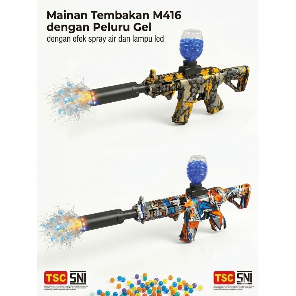 Mainan Water Gel Blaster M416 Elektrik Otomatis Asap dan Lampu