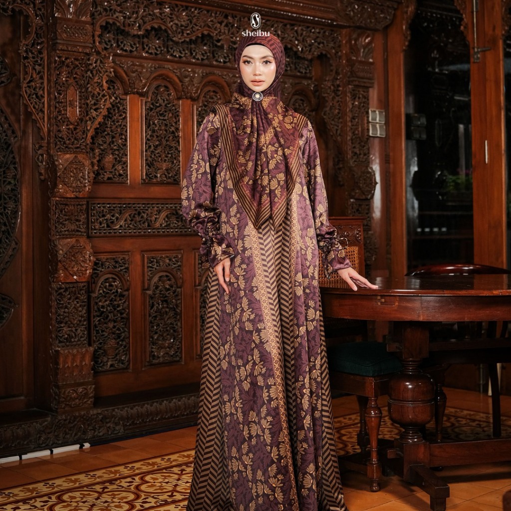 Sheibu Cempaka Dress Gamis Muslim Wanita Motif Printing Premium Hijab Syari Adem Tidak Menerawang