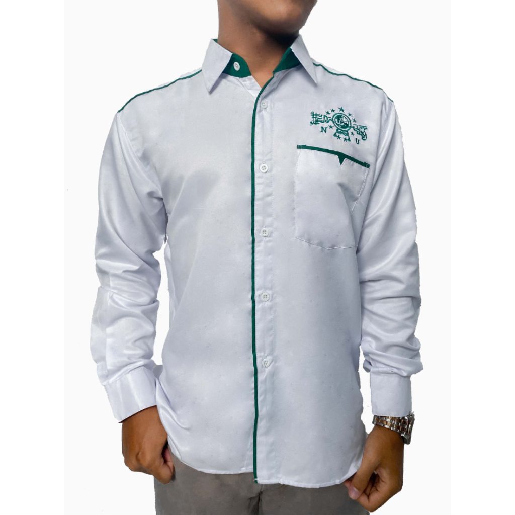 Kemeja putih Kombinasi Garis / Baju Kemeja NU / Kemeja NU putih garis hijau / Kemko NU
