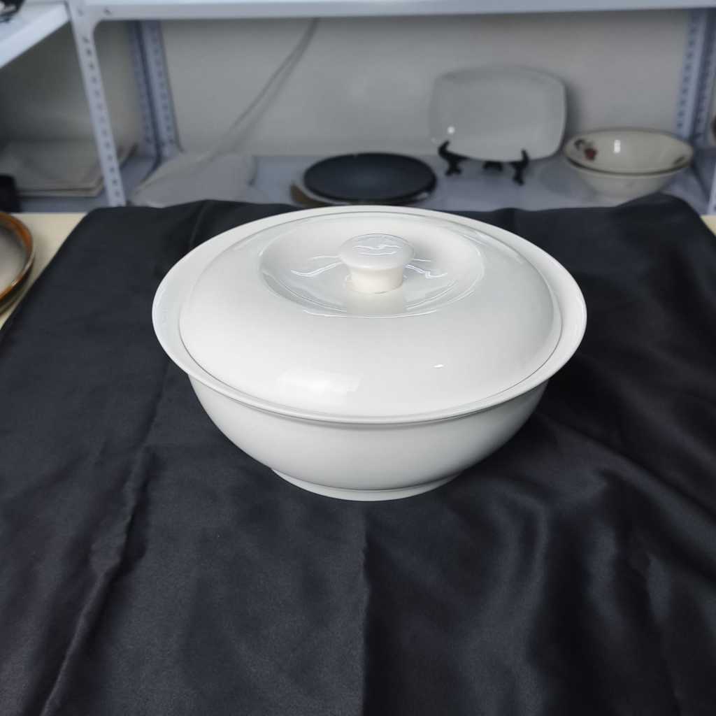 [DEFECT] Mangkok Keramik Porselen Sup Tebal Dengan Tutup Warna Putih Polos ukuran 9,5 inch - Mangkok