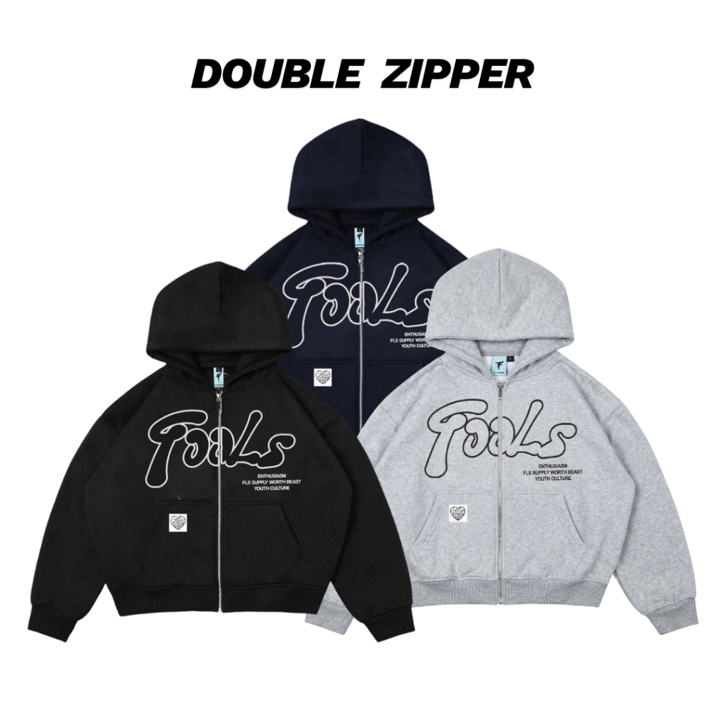 Fools Clothing Hoodie Zipper Font Bordir Jaket Casual