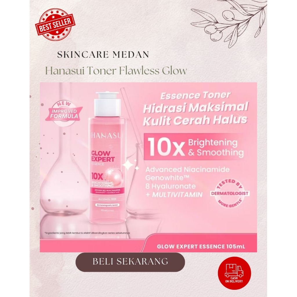 HANASUI TONER FLAWLESS GLOW 10 POWER ESSENCE 105ml (toner bagus) (Kemasan Baru, Glow Expert Essence)