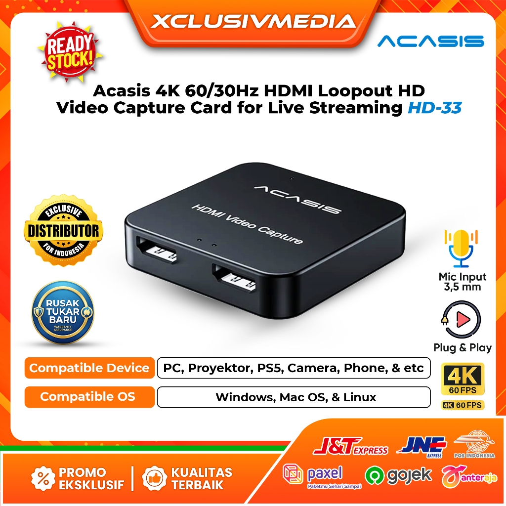Acasis 4K 30Hz HDMI Loopout HD Video Capture Card, Compatible with PC,Laptop for Live Streaming HD33