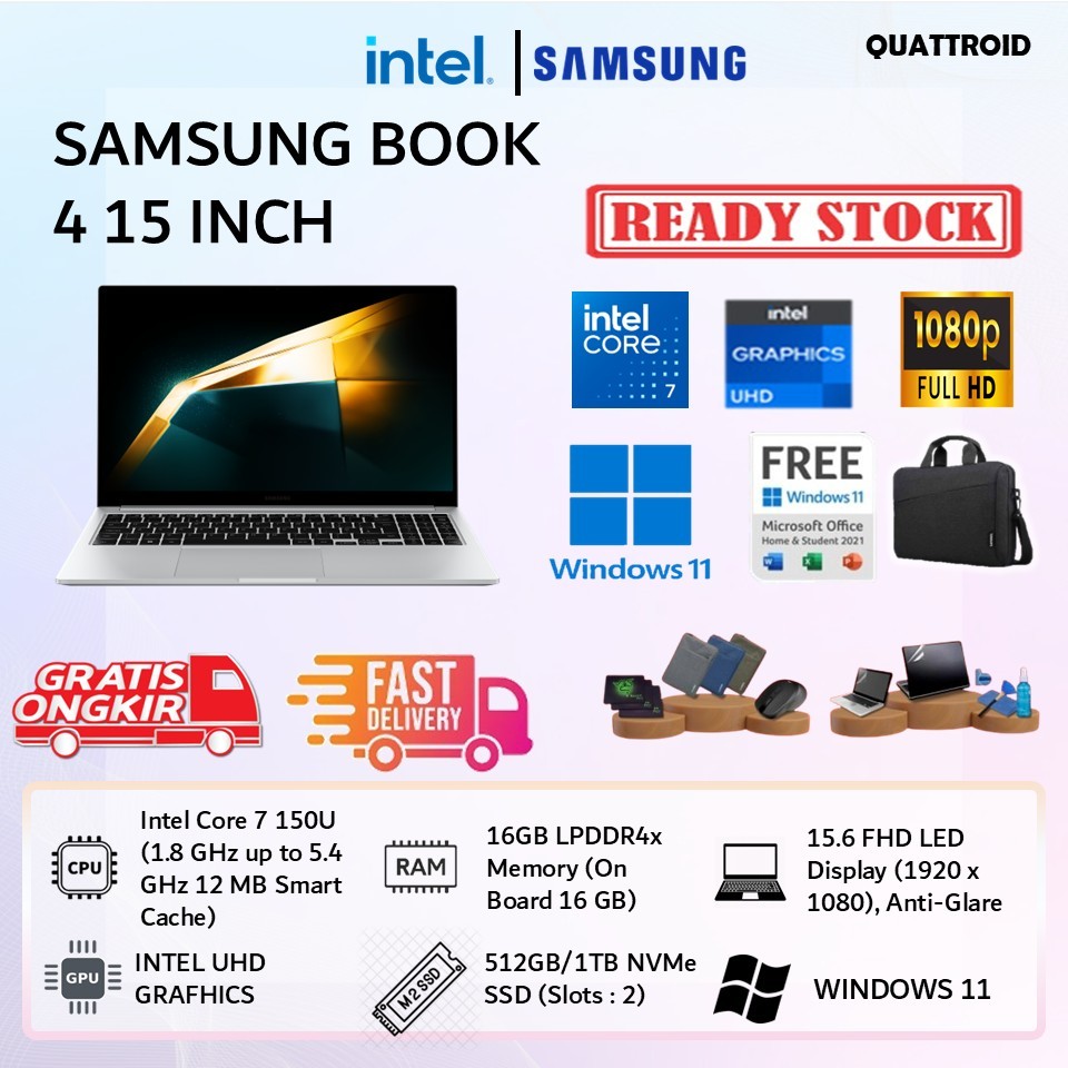 TERBARU Laptop Samsung Book 4 15 Intel i7 -150U 16GB 512GB 15,6" FHD WIN11