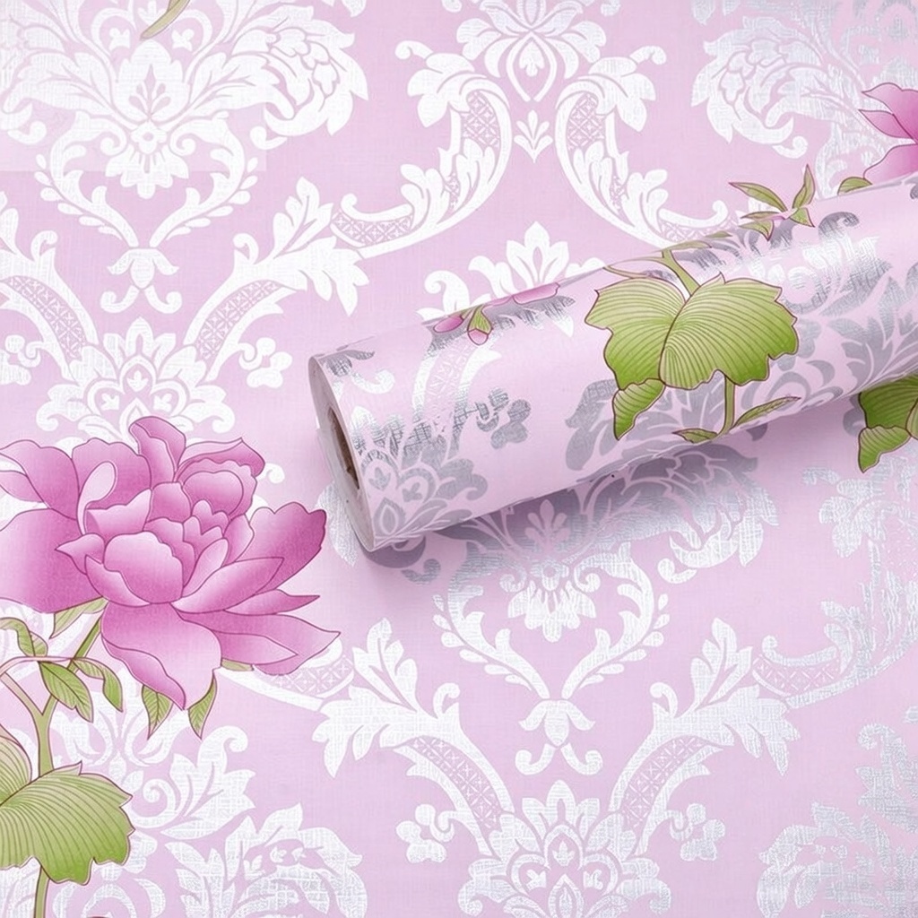 Wallpaper Dinding Ruang Tamu Motif BATIK PINK BUNGA UNGU