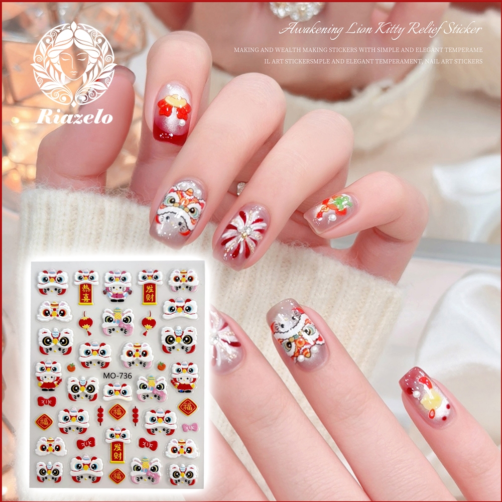 Stiker Kuku Singa Bangun Tahun Baru Imlek | Stiker Kuku 3D Relief Hiasan Kuku Tahun Baru Stiker Kuku